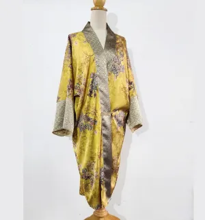 1920s loungewear kimono robe in printed yellow satin