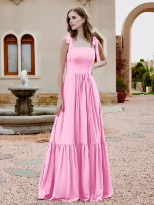 A-Line Bow Ruffle Sleeveless Chiffon Dress Candy Pink Plus Size