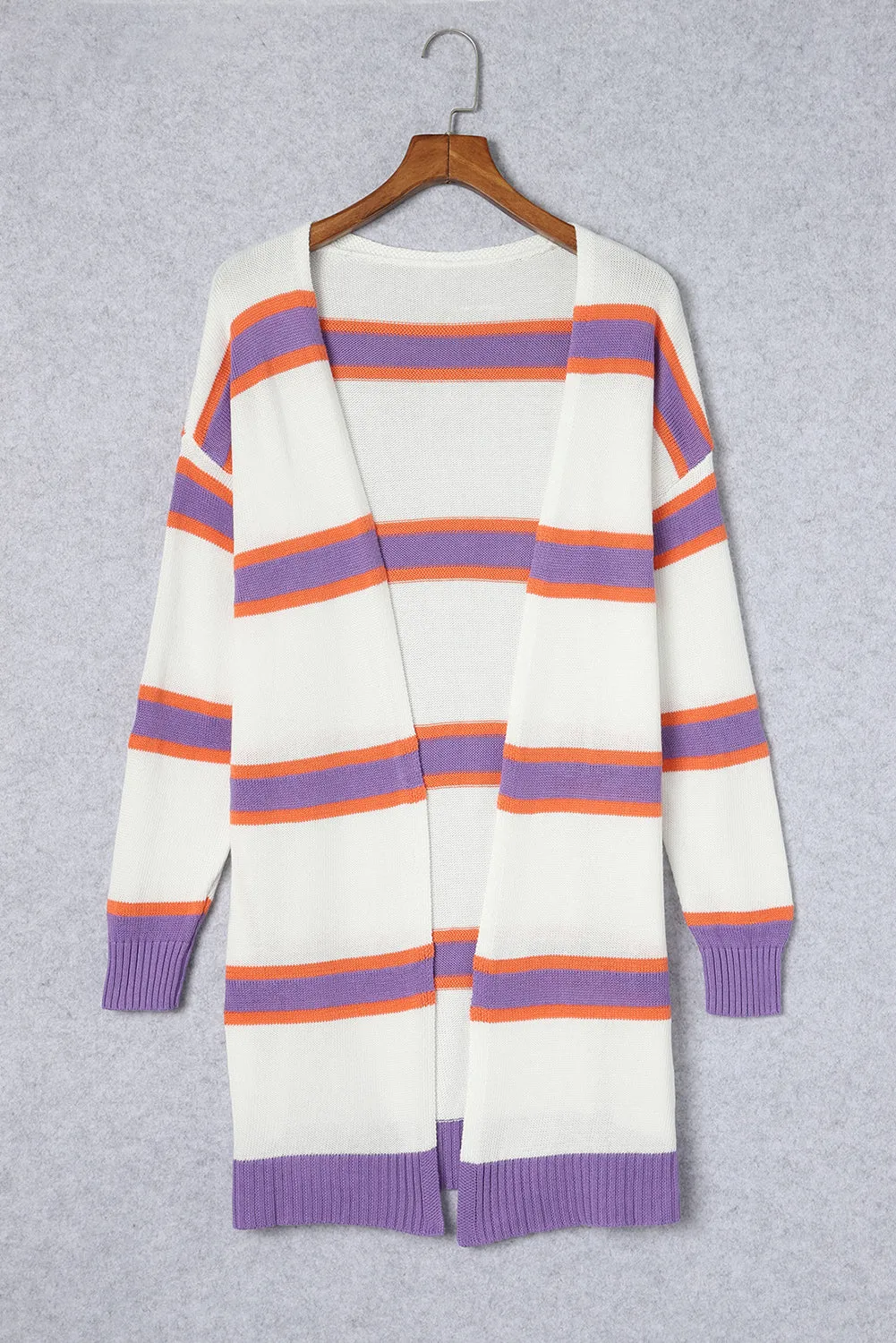 Beige Striped Long Sleeve Ribbed Trim Button Cardigan