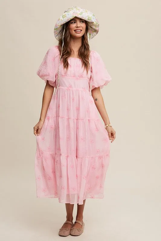 Christy Flower Embroidered Puff Sleeve Tiered Maxi Dress