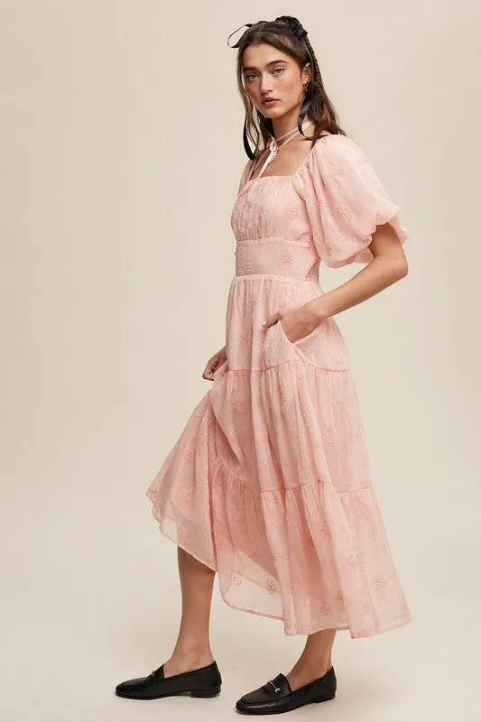 Christy Flower Embroidered Puff Sleeve Tiered Maxi Dress