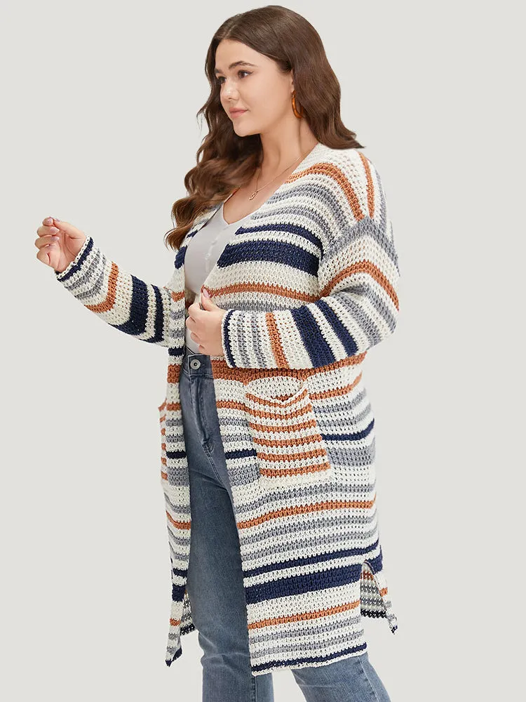 Contrast Striped Patched Pocket Split Side Cardigan