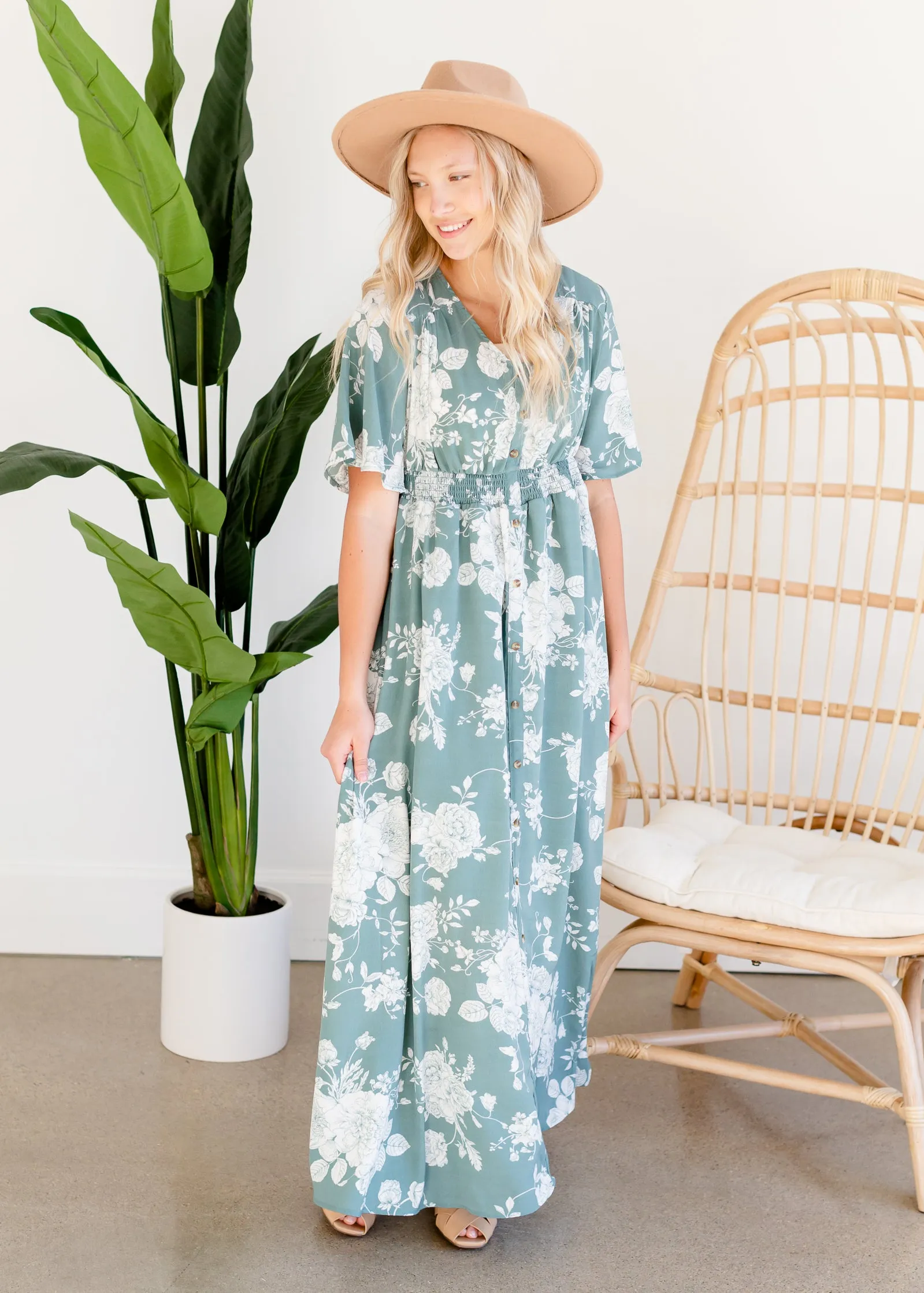 Floral Teal Button Up Maxi Dress