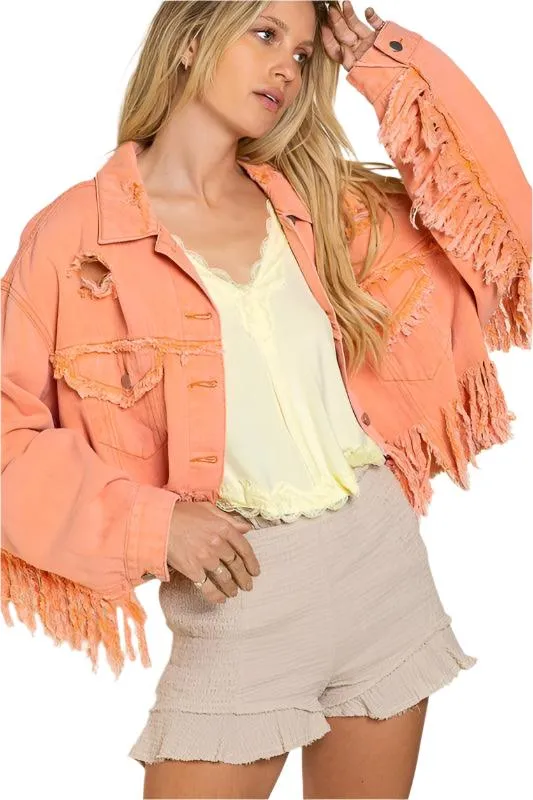 Fringe Distressed Crop Denim Jacket