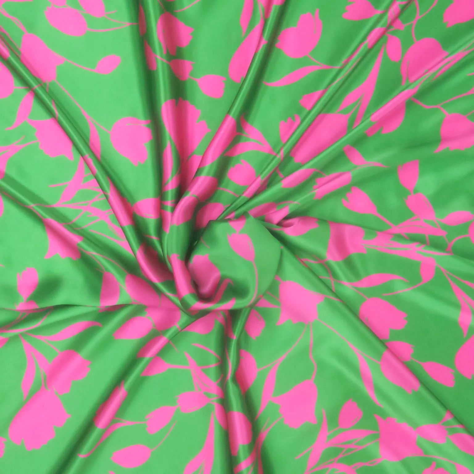 Fuchsia Florals on Green Background Printed Silk Charmeuse Fabric