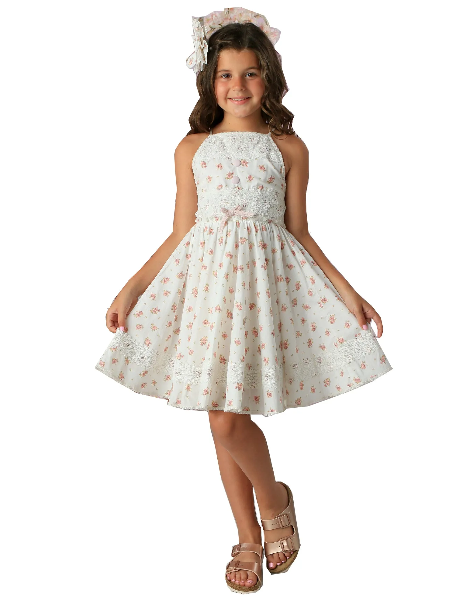 Girls White Floral Flared Knee-Length Poppy Dress 12M-14