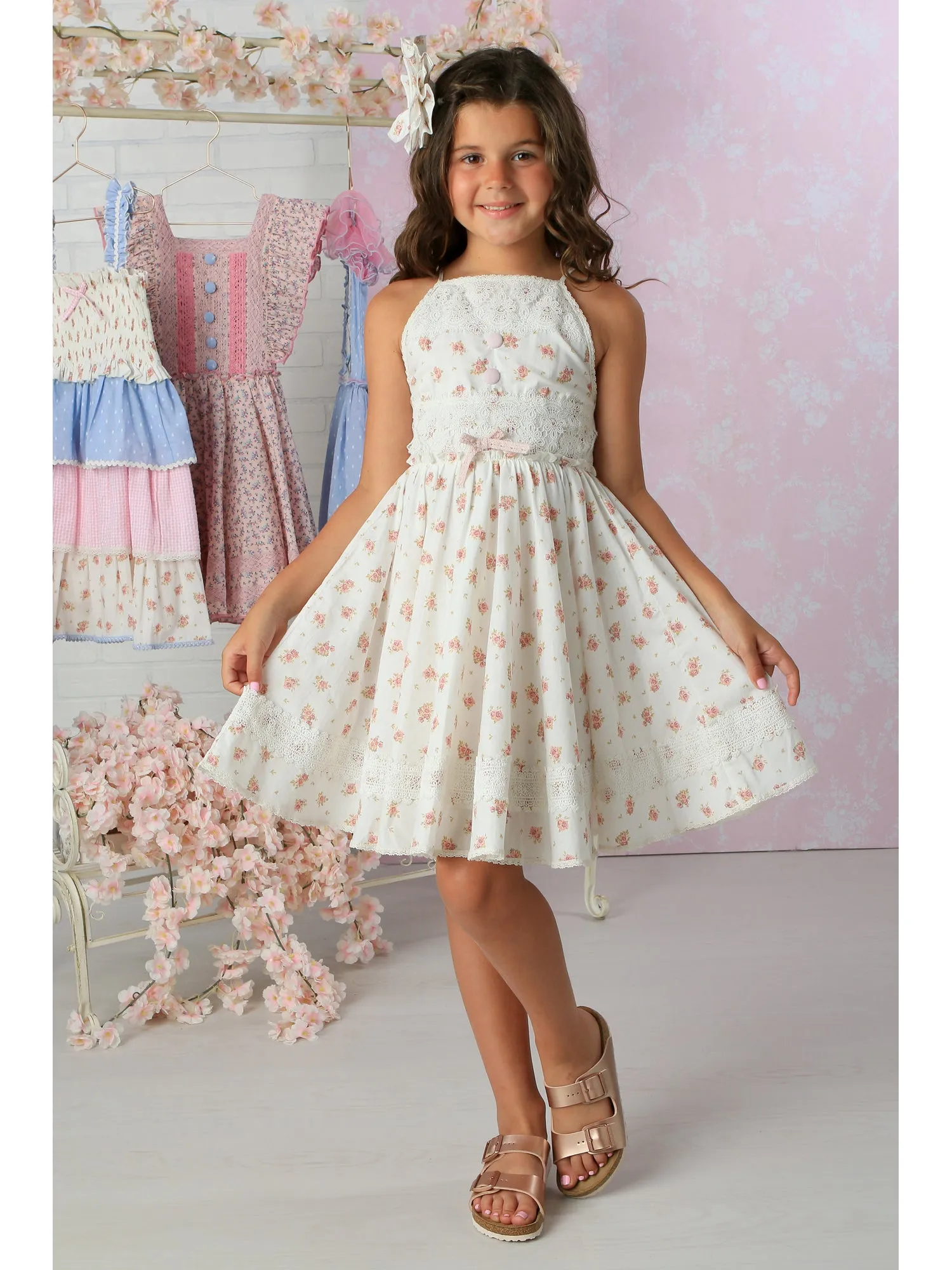 Girls White Floral Flared Knee-Length Poppy Dress 12M-14