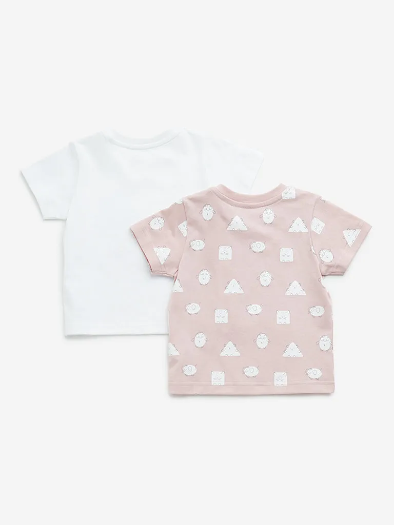 HOP Baby Dusty Pink Animal Print Cotton T-Shirts - Pack of 2