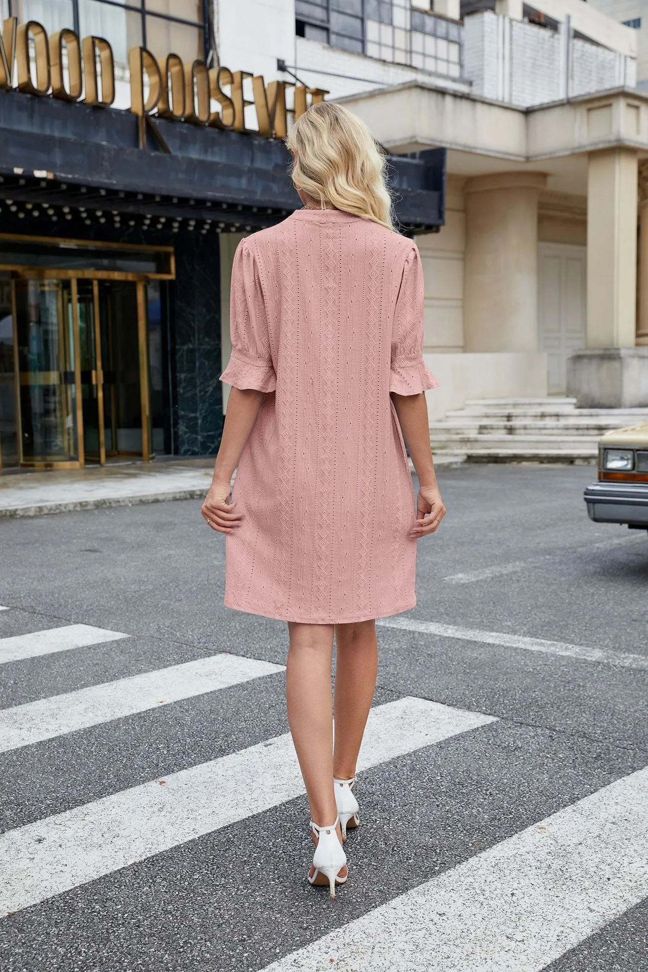 Jacquard Five-quarter Sleeve V-neck Dress