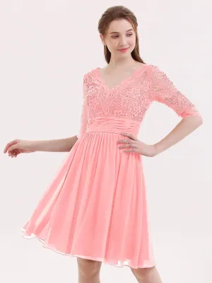 Lace and Chiffon Short Dress with Half Sleeves Flamingo