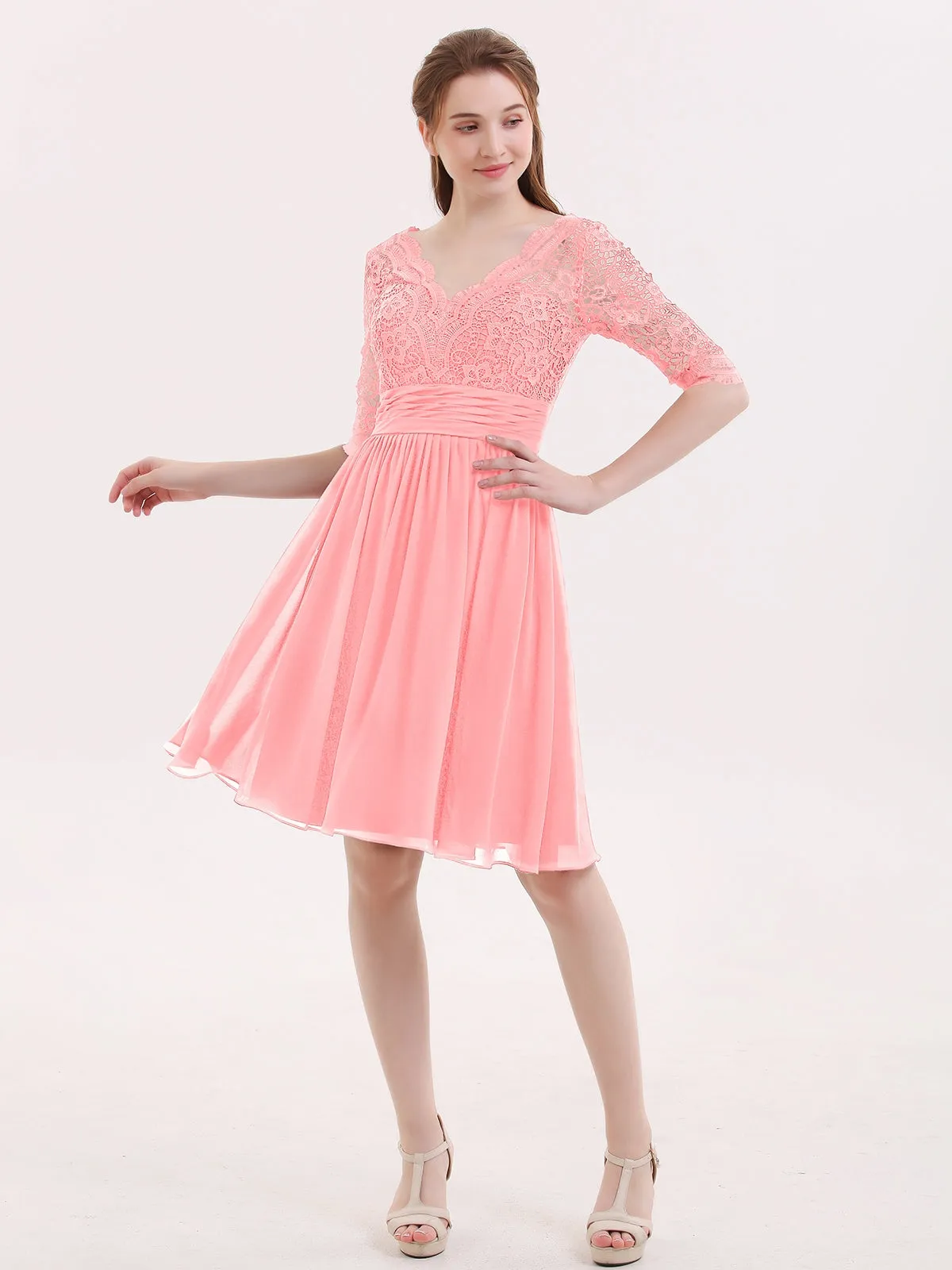 Lace and Chiffon Short Dress with Half Sleeves Flamingo