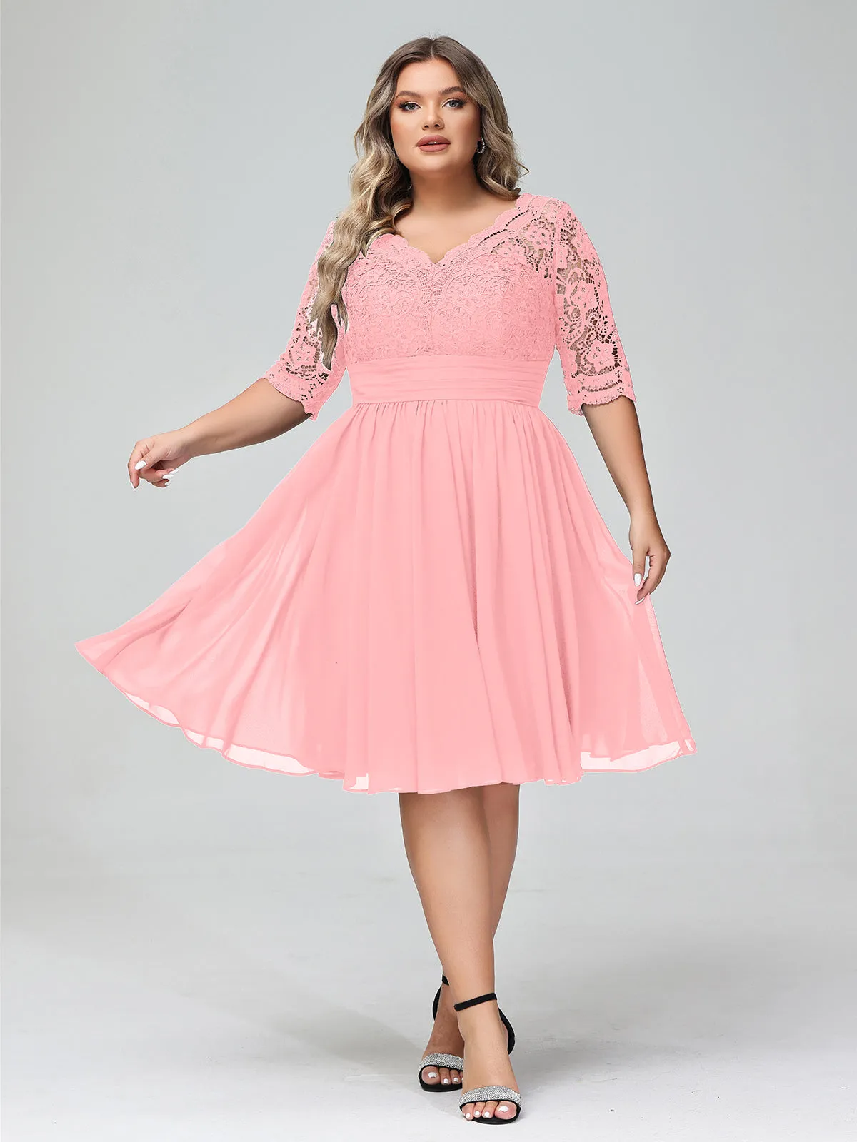 Lace and Chiffon Short Dress with Half Sleeves Flamingo