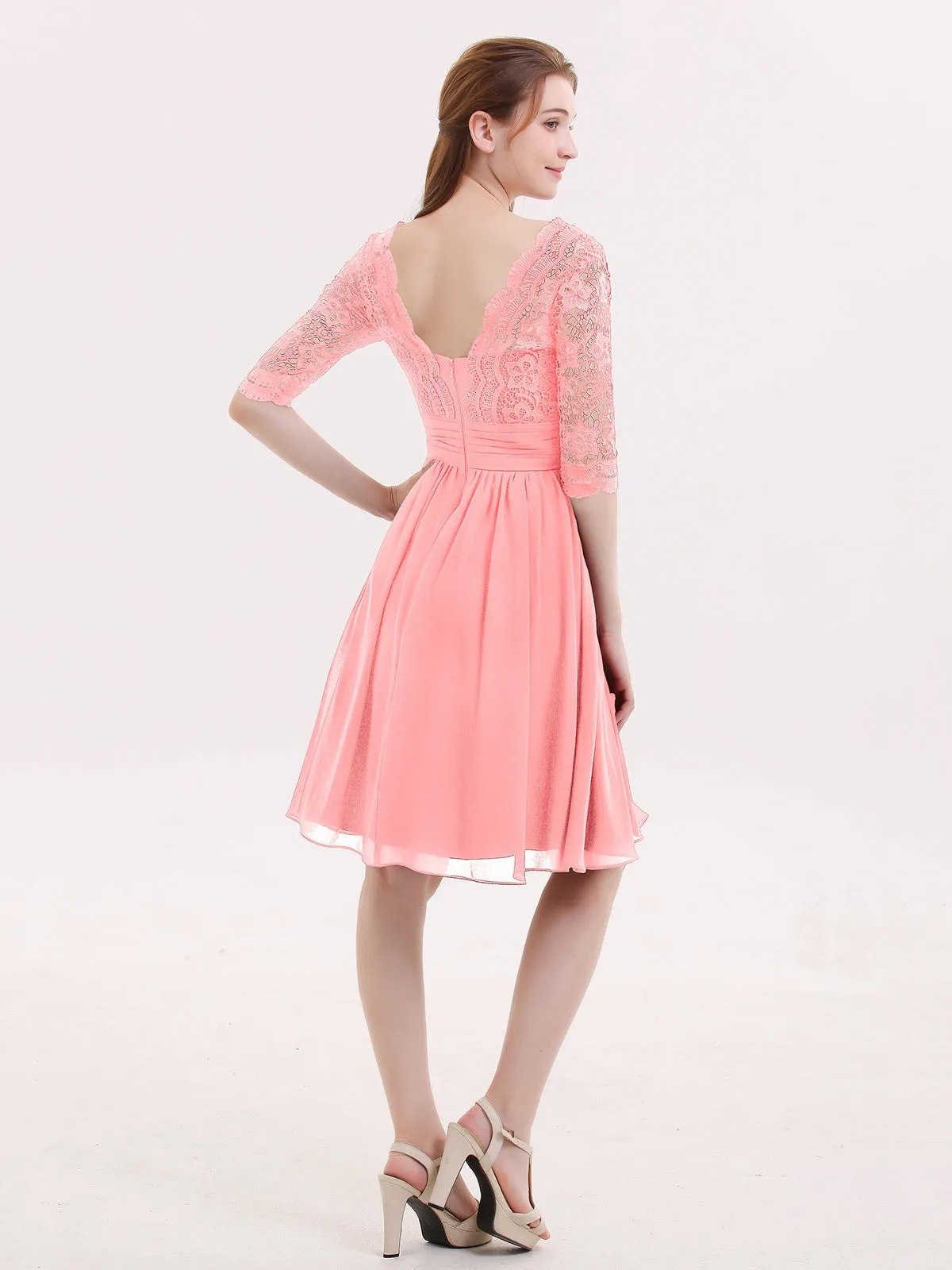 Lace and Chiffon Short Dress with Half Sleeves Flamingo