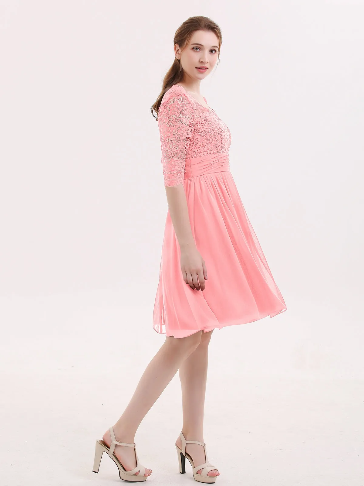 Lace and Chiffon Short Dress with Half Sleeves Flamingo