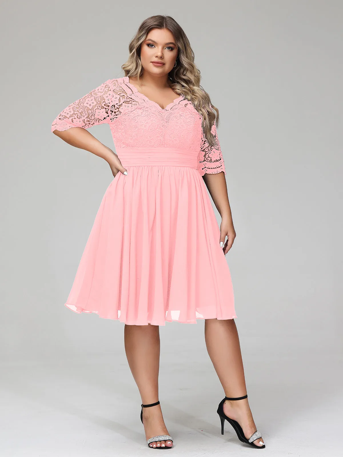 Lace and Chiffon Short Dress with Half Sleeves Flamingo