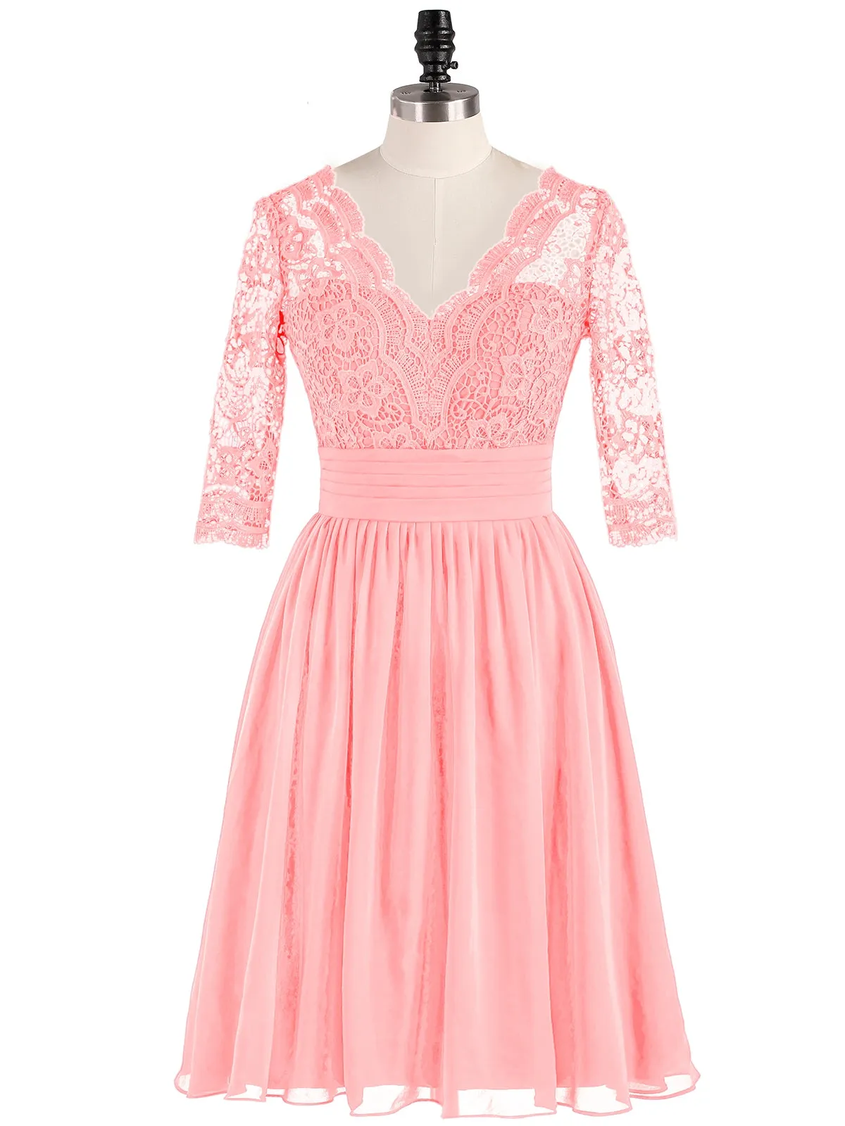 Lace and Chiffon Short Dress with Half Sleeves Flamingo