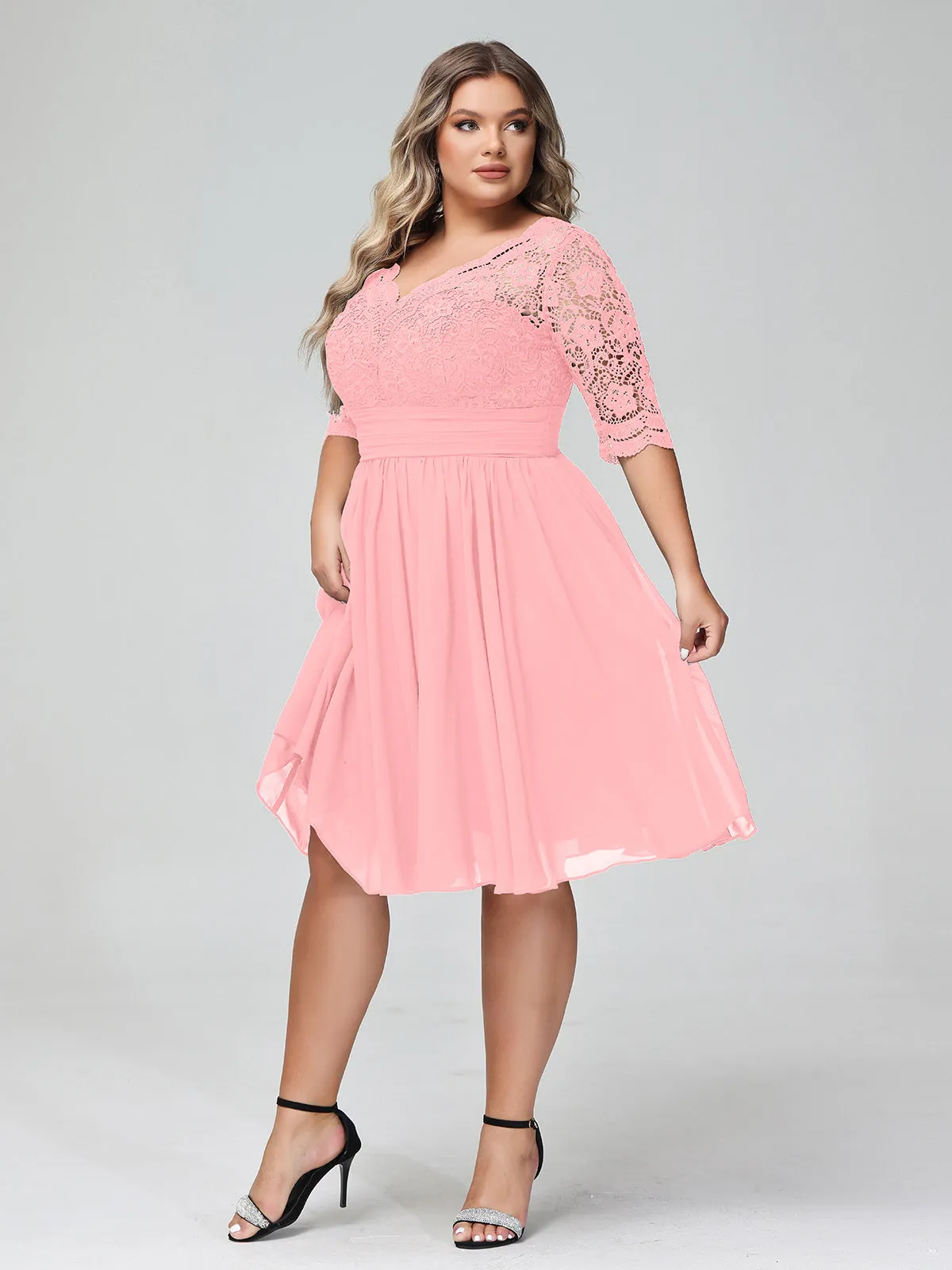 Lace and Chiffon Short Dress with Half Sleeves Flamingo