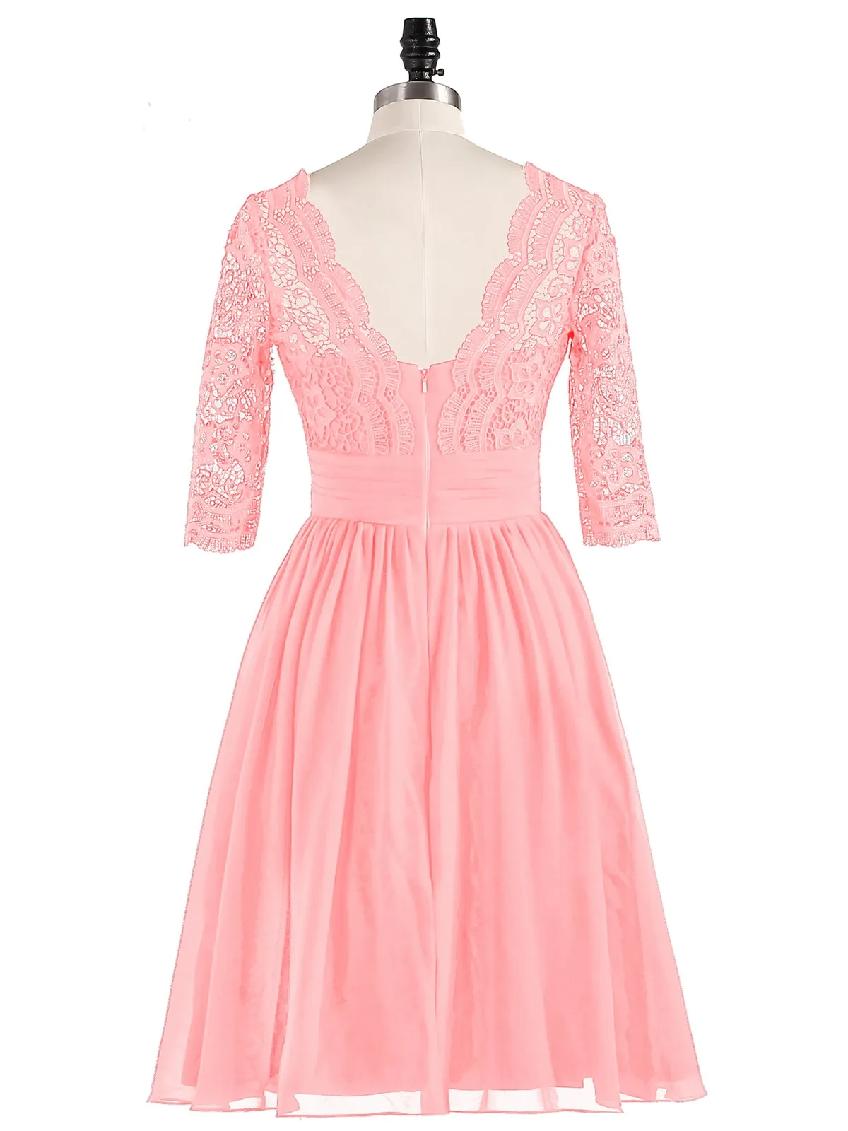 Lace and Chiffon Short Dress with Half Sleeves Flamingo