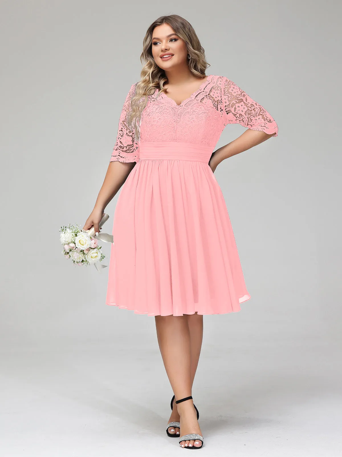 Lace and Chiffon Short Dress with Half Sleeves Flamingo