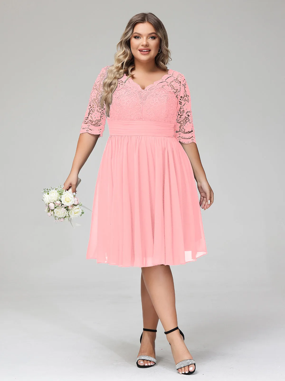 Lace and Chiffon Short Dress with Half Sleeves Flamingo