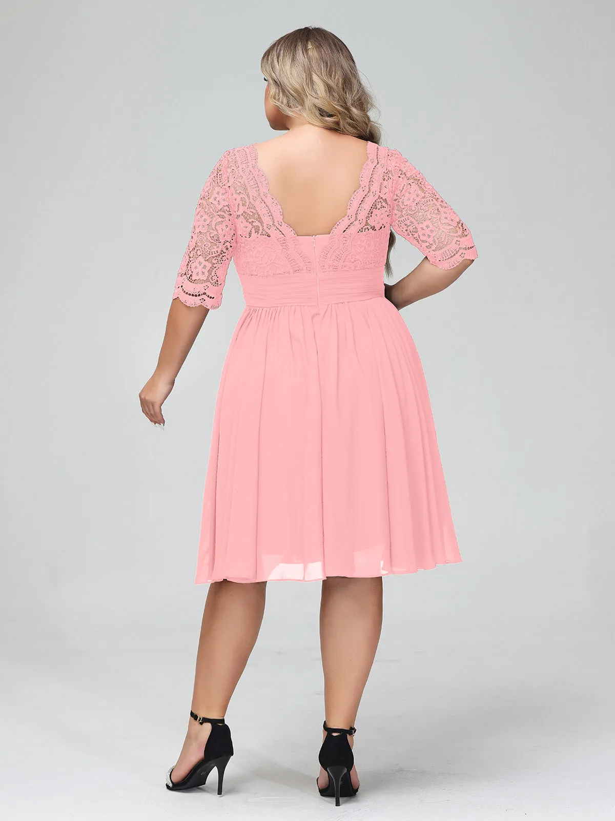 Lace and Chiffon Short Dress with Half Sleeves Flamingo