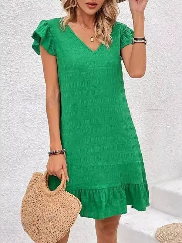 Loose Ruffle Sleeves Pleated V-Neck Mini Dress