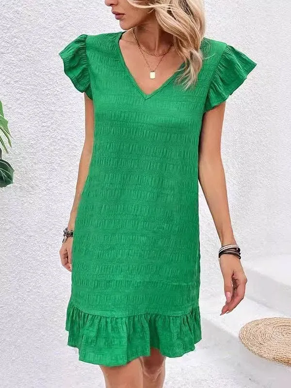 Loose Ruffle Sleeves Pleated V-Neck Mini Dress