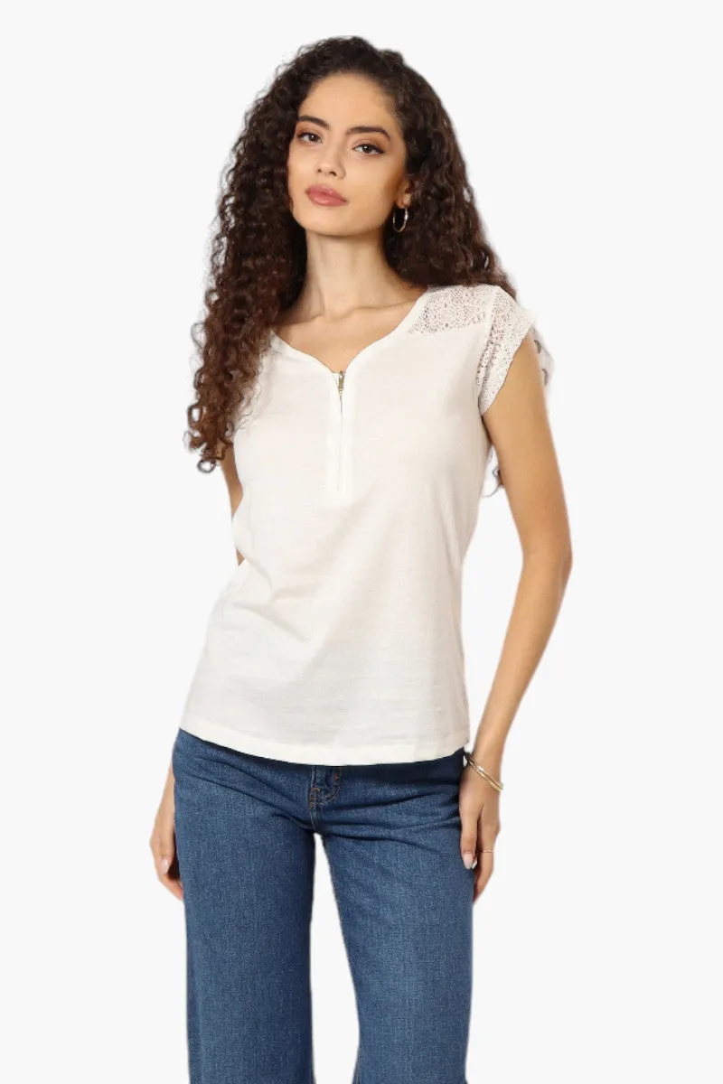 Majora Half Zip Lace Shoulder Tee - White