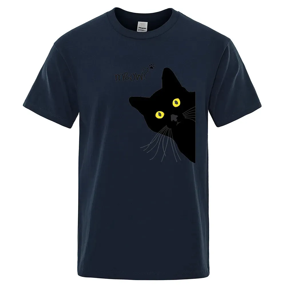 Meow Black Cat Funny Printing Men T-Shirts Breathable Tee C