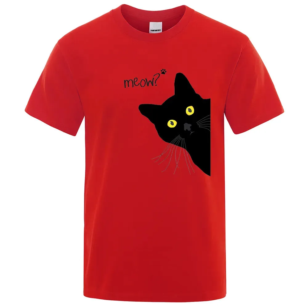 Meow Black Cat Funny Printing Men T-Shirts Breathable Tee C