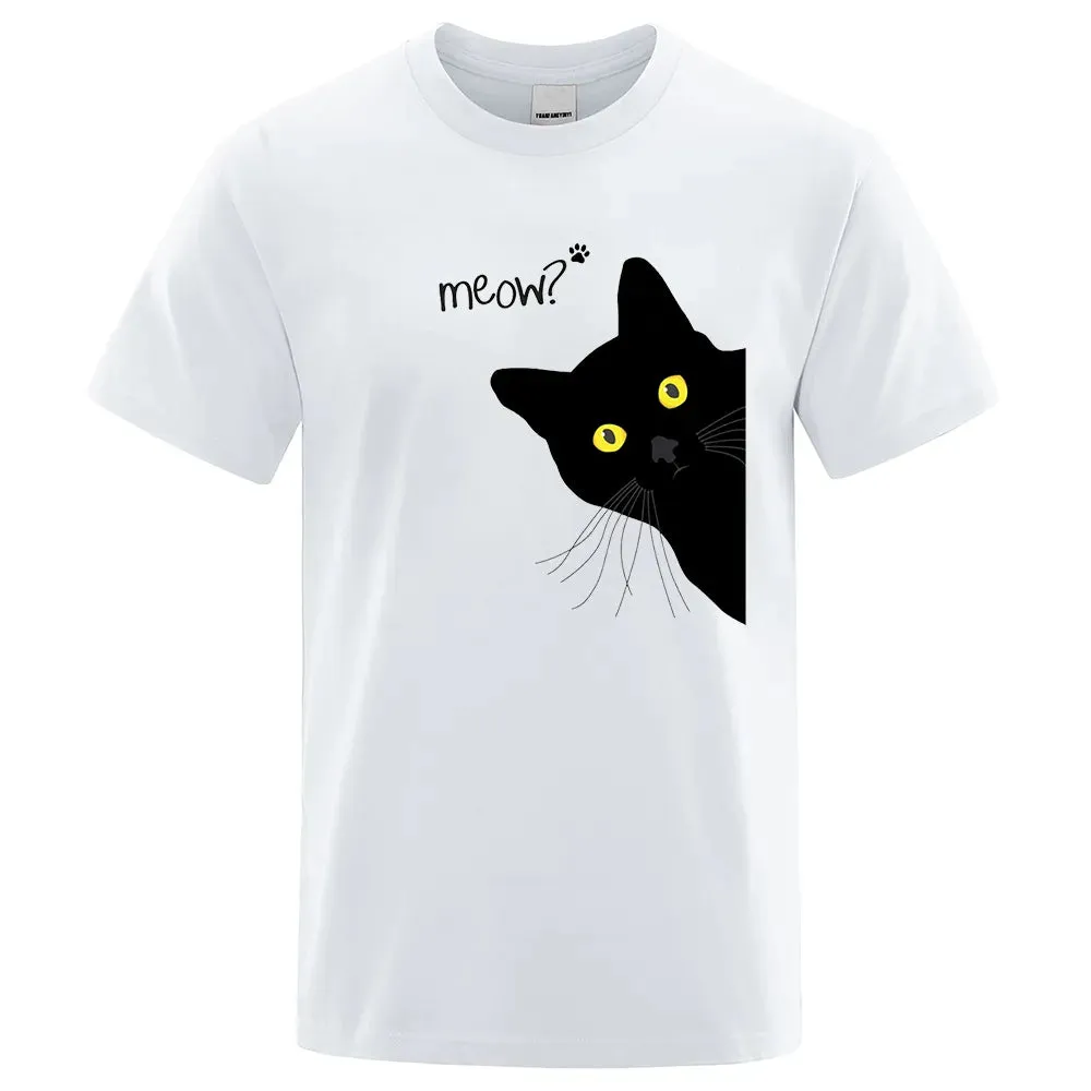 Meow Black Cat Funny Printing Men T-Shirts Breathable Tee C