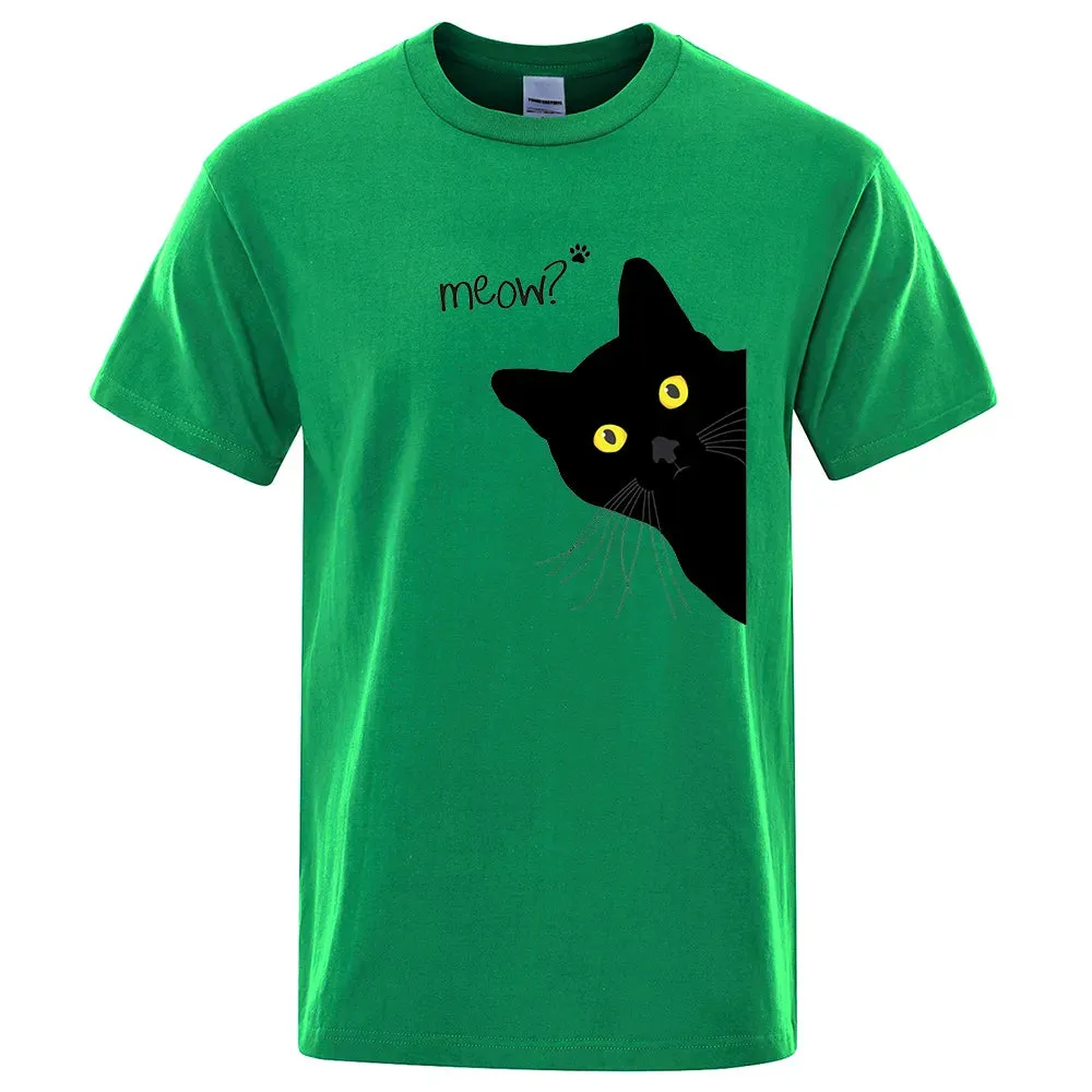 Meow Black Cat Funny Printing Men T-Shirts Breathable Tee C