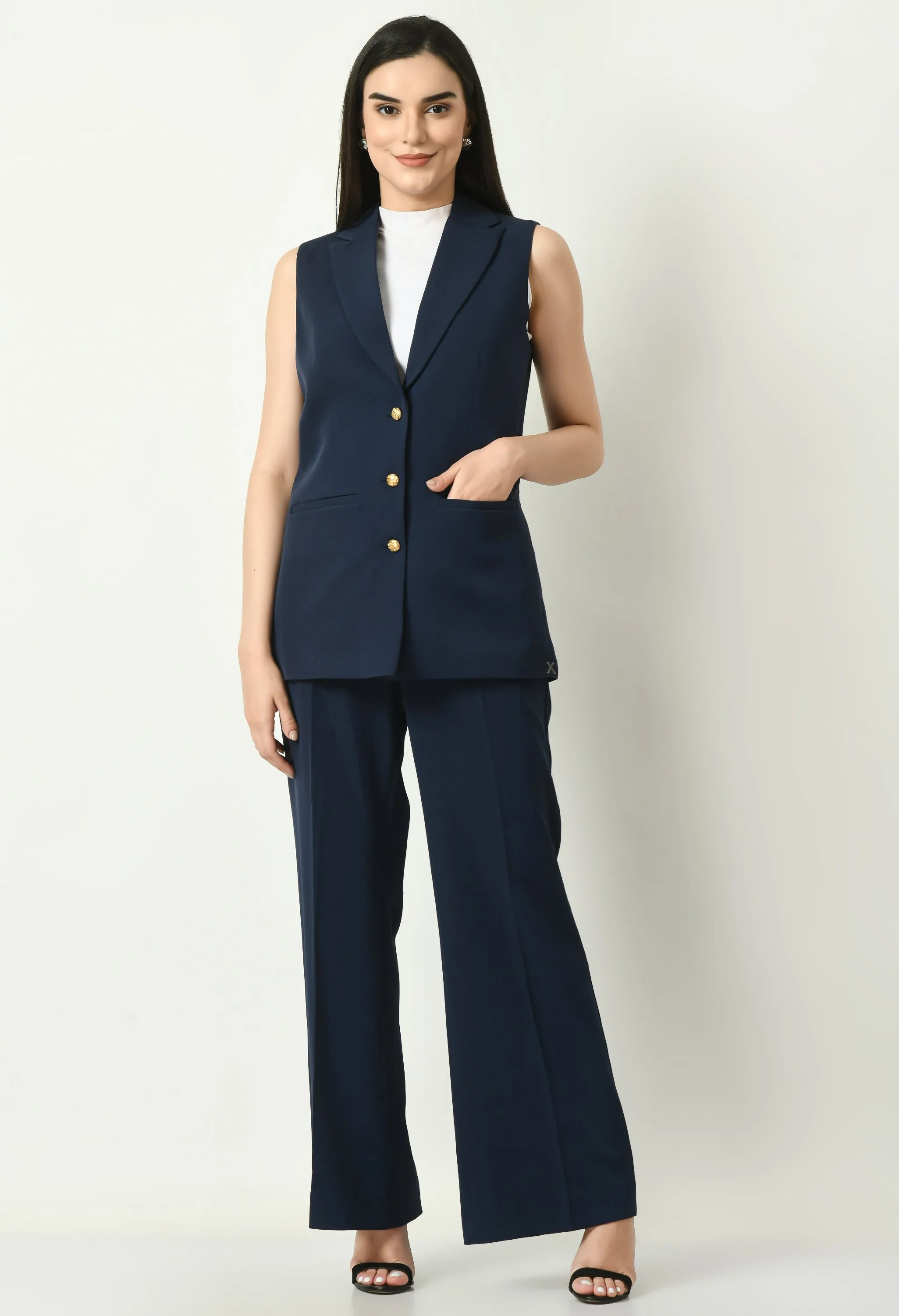 Navy Blue Cotton Blend Meridian Sleeveless Long Blazer