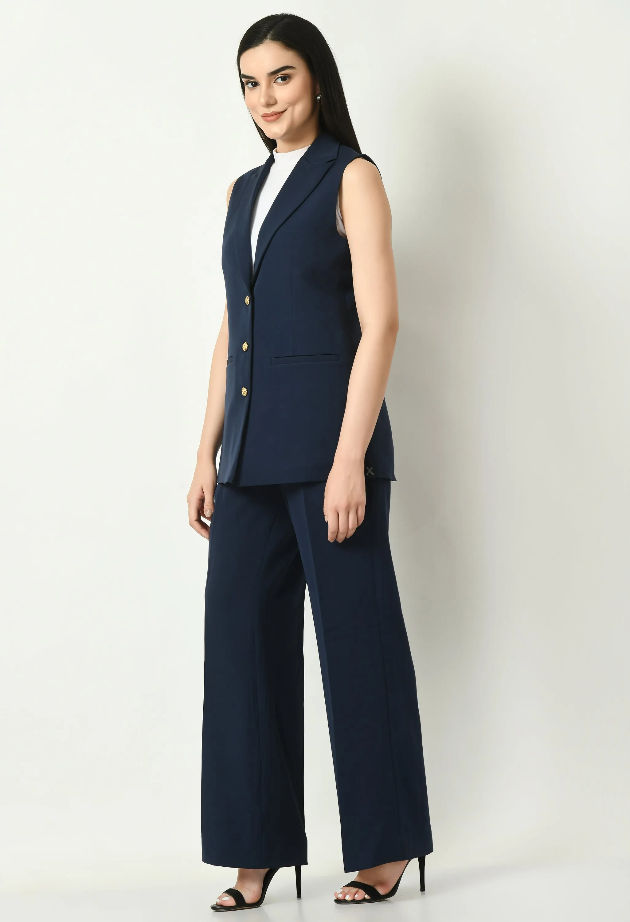 Navy Blue Cotton Blend Meridian Sleeveless Long Blazer