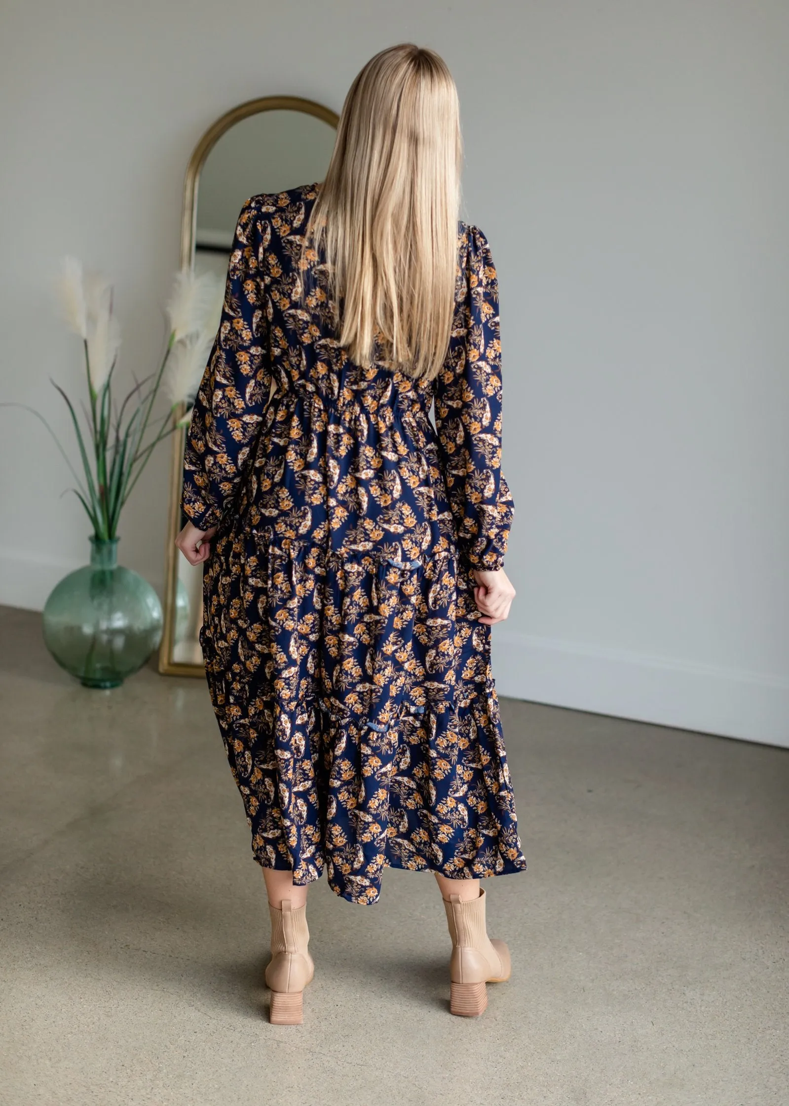 Navy V-Neck Floral Paisley Print Long Sleeve Dress - FINAL SALE