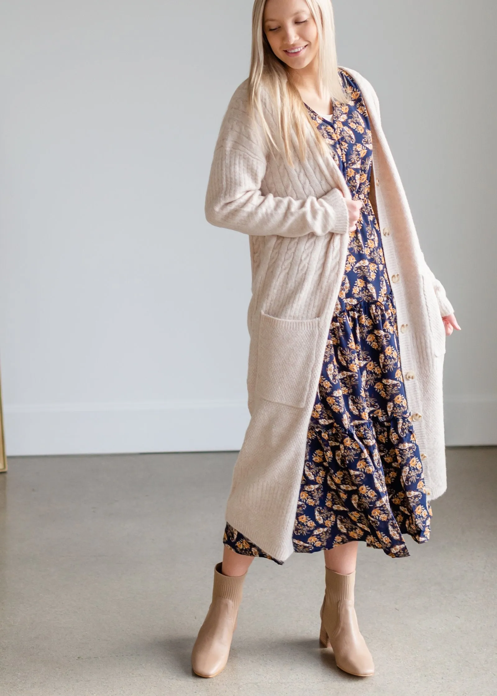 Navy V-Neck Floral Paisley Print Long Sleeve Dress - FINAL SALE