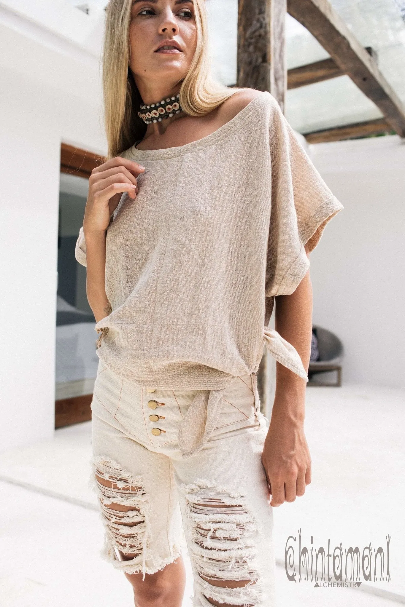 Oversized Raw Cotton Boho Top / Ripped Tshirt / Beige