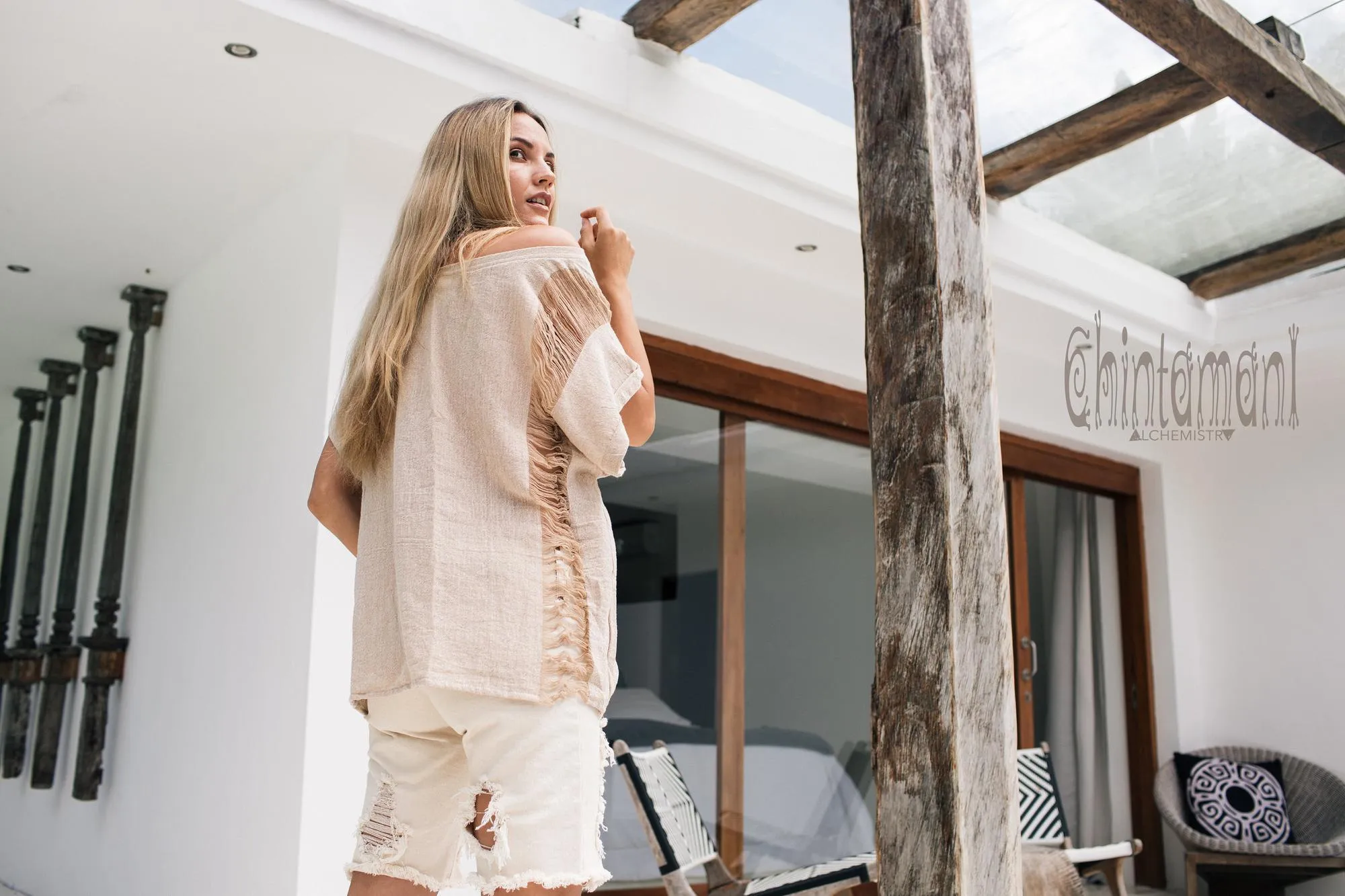 Oversized Raw Cotton Boho Top / Ripped Tshirt / Beige