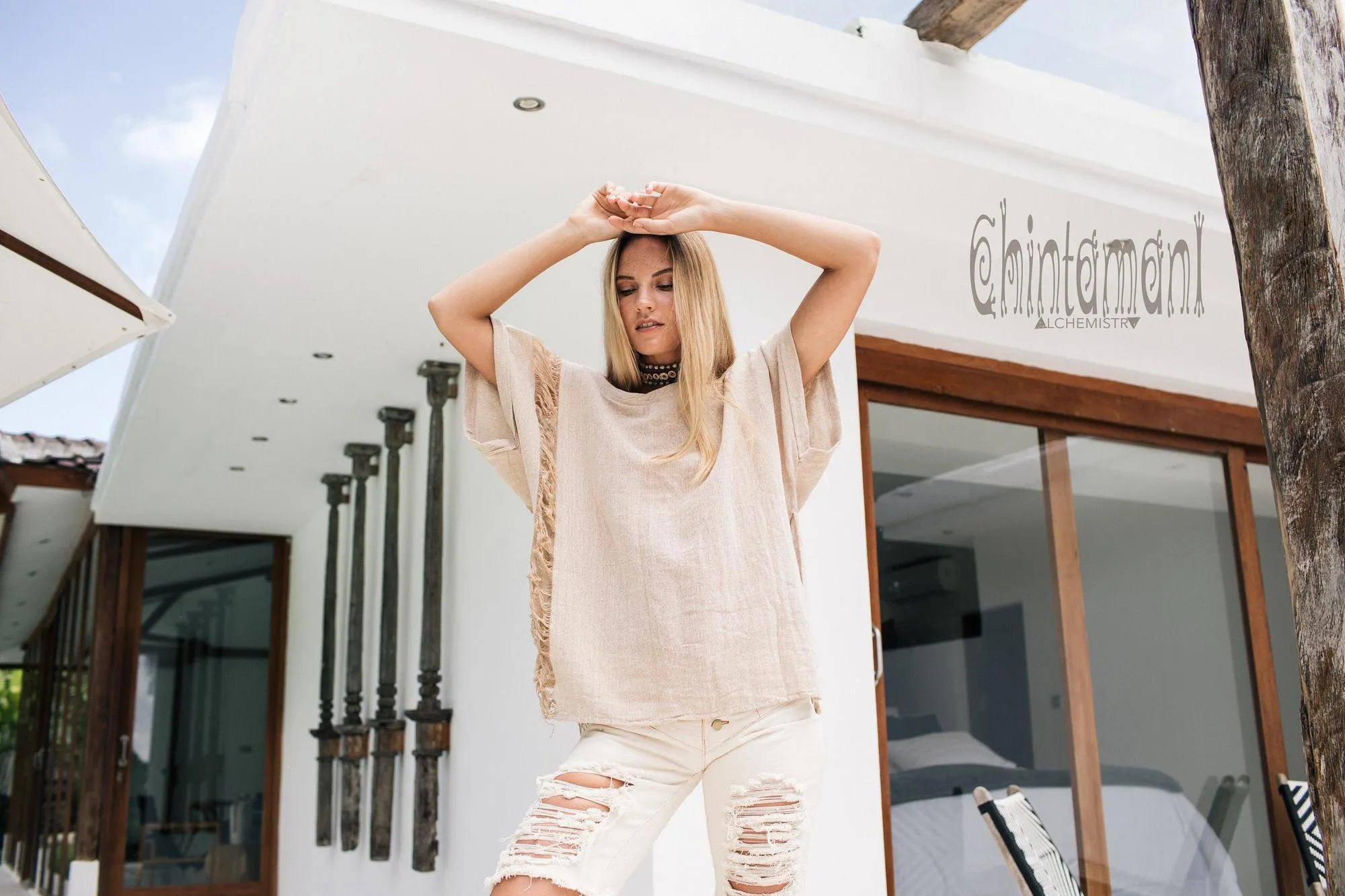 Oversized Raw Cotton Boho Top / Ripped Tshirt / Beige