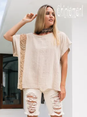 Oversized Raw Cotton Boho Top / Ripped Tshirt / Beige