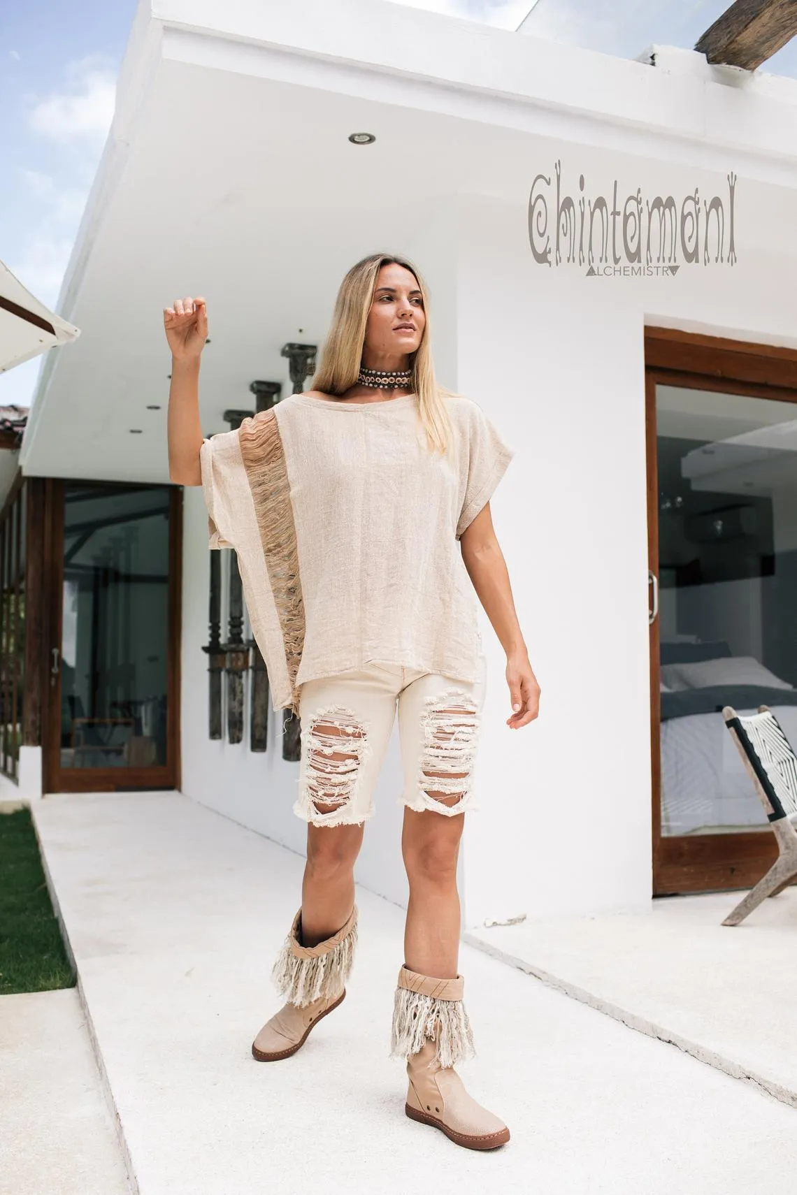 Oversized Raw Cotton Boho Top / Ripped Tshirt / Beige