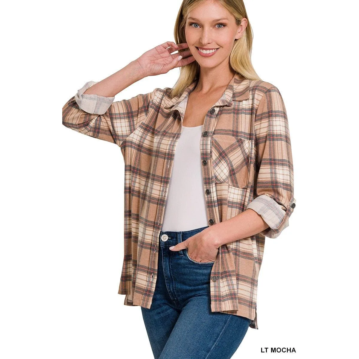 Plaid Roll-up Long Sleeve Shacket