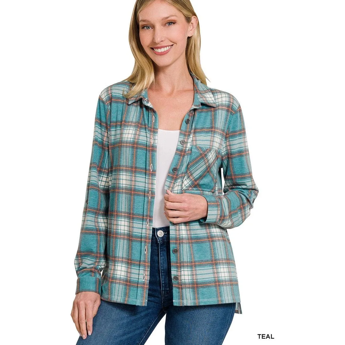 Plaid Roll-up Long Sleeve Shacket