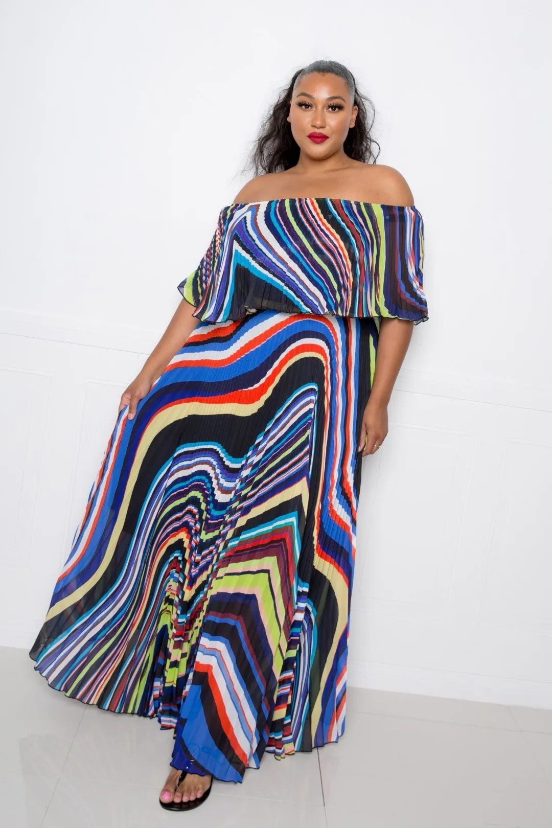 Plus Multi Abstract Stripe Print Flowy Maxi Dress