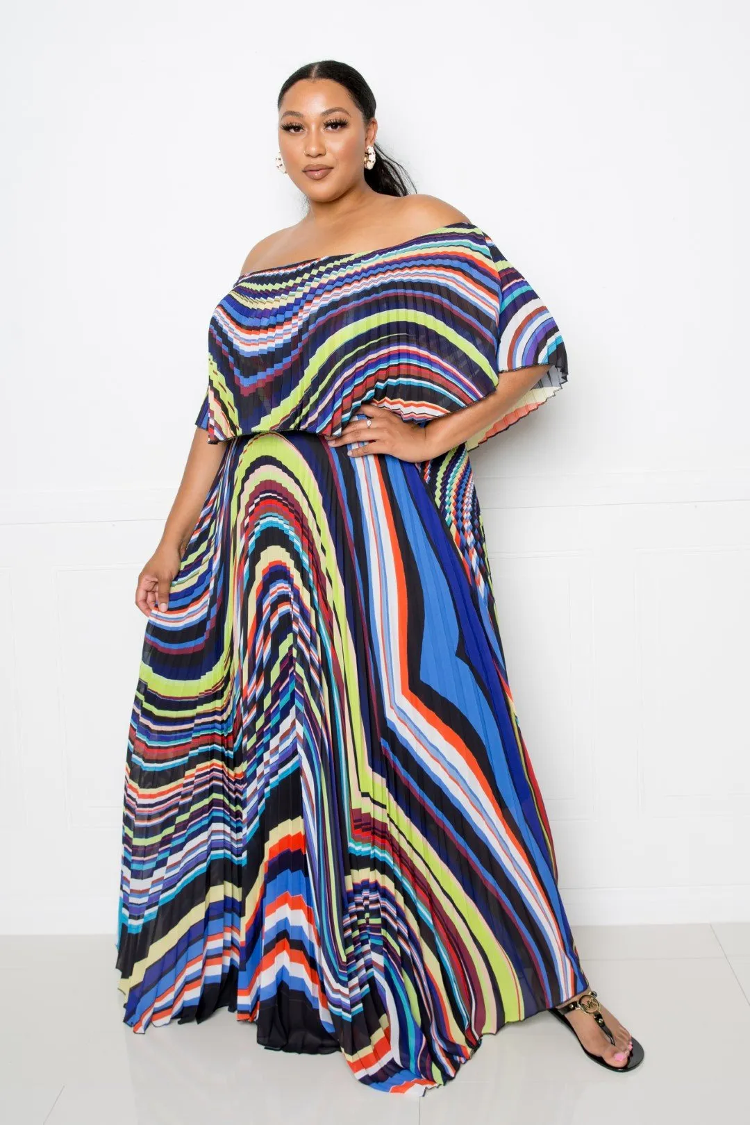 Plus Multi Abstract Stripe Print Flowy Maxi Dress