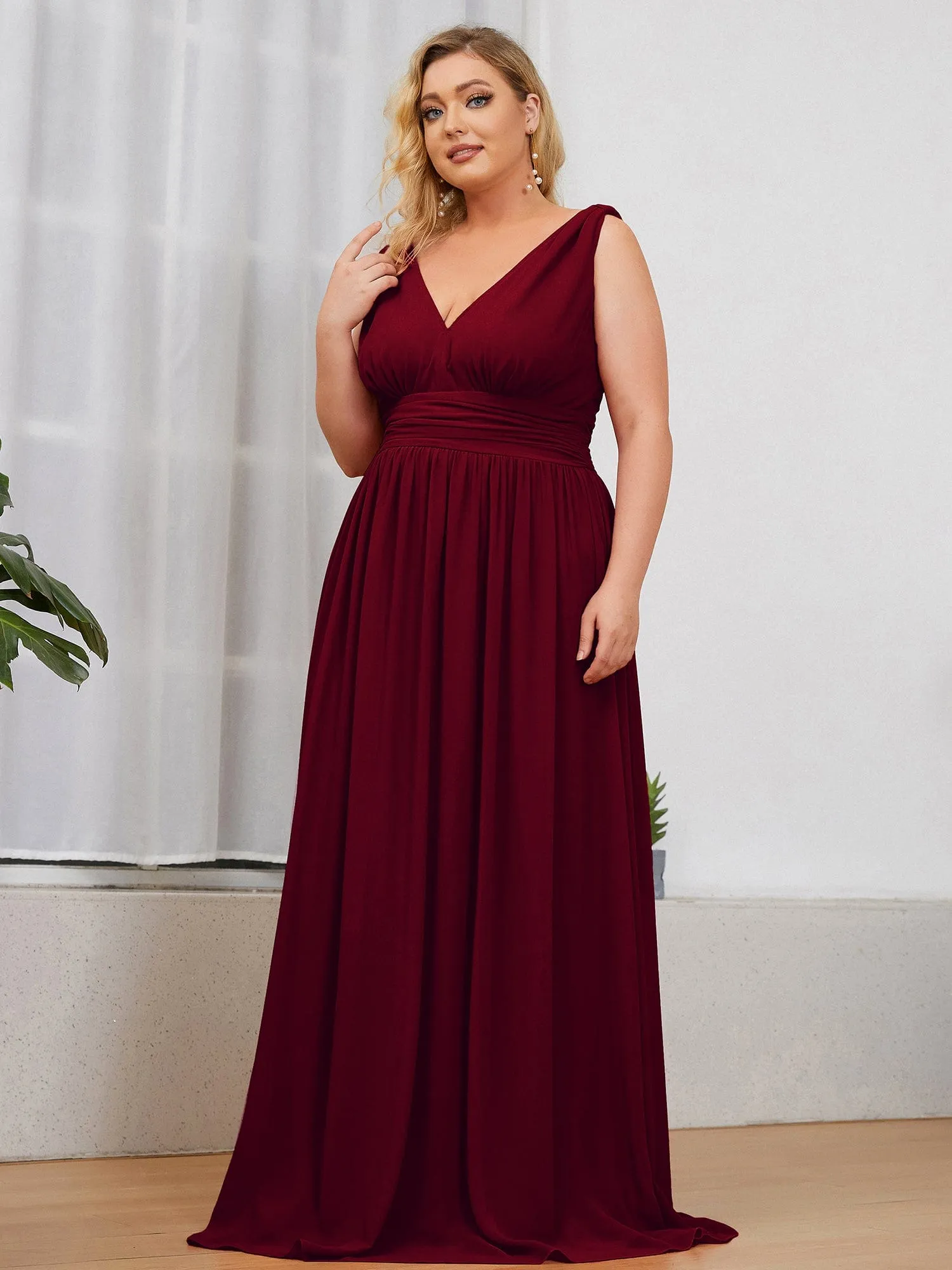 Plus Size Sleeveless V-Neck Chiffon Semi Formal Maxi Dress