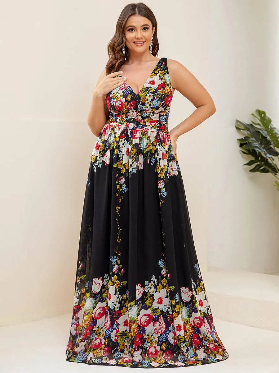 Plus Size Sleeveless V-Neck Chiffon Semi Formal Maxi Dress