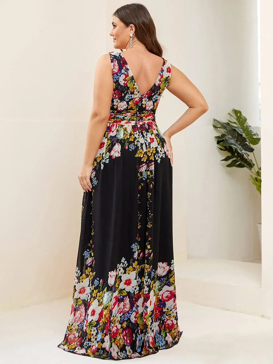 Plus Size Sleeveless V-Neck Chiffon Semi Formal Maxi Dress