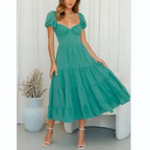 Puff Sleeve Solid Color Hollow Backless Cake Flowy Dress Wholesale Dresses