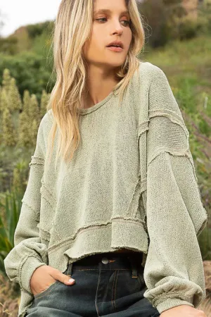 Round Neck Balloon Sleeve Hooded Knit Top